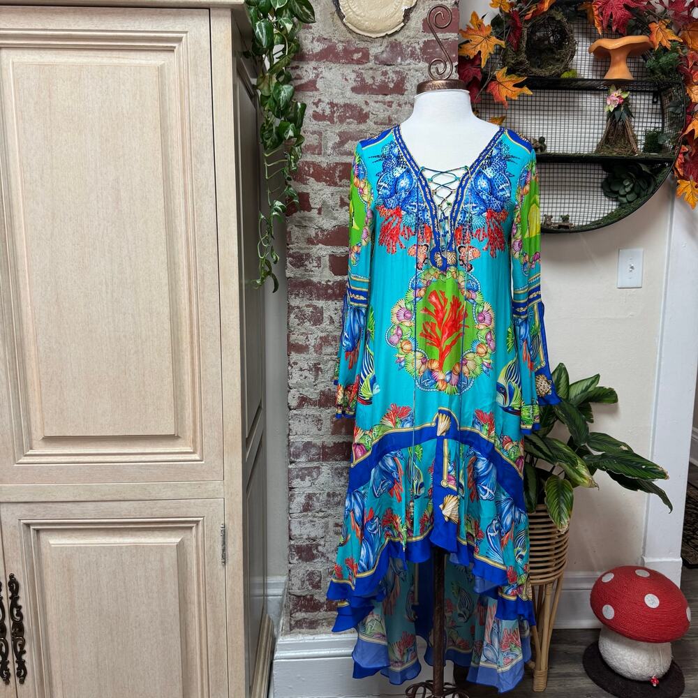 “Czarina Oceanic Blues” High Low Viscose Silk Crystal Embellished Dress